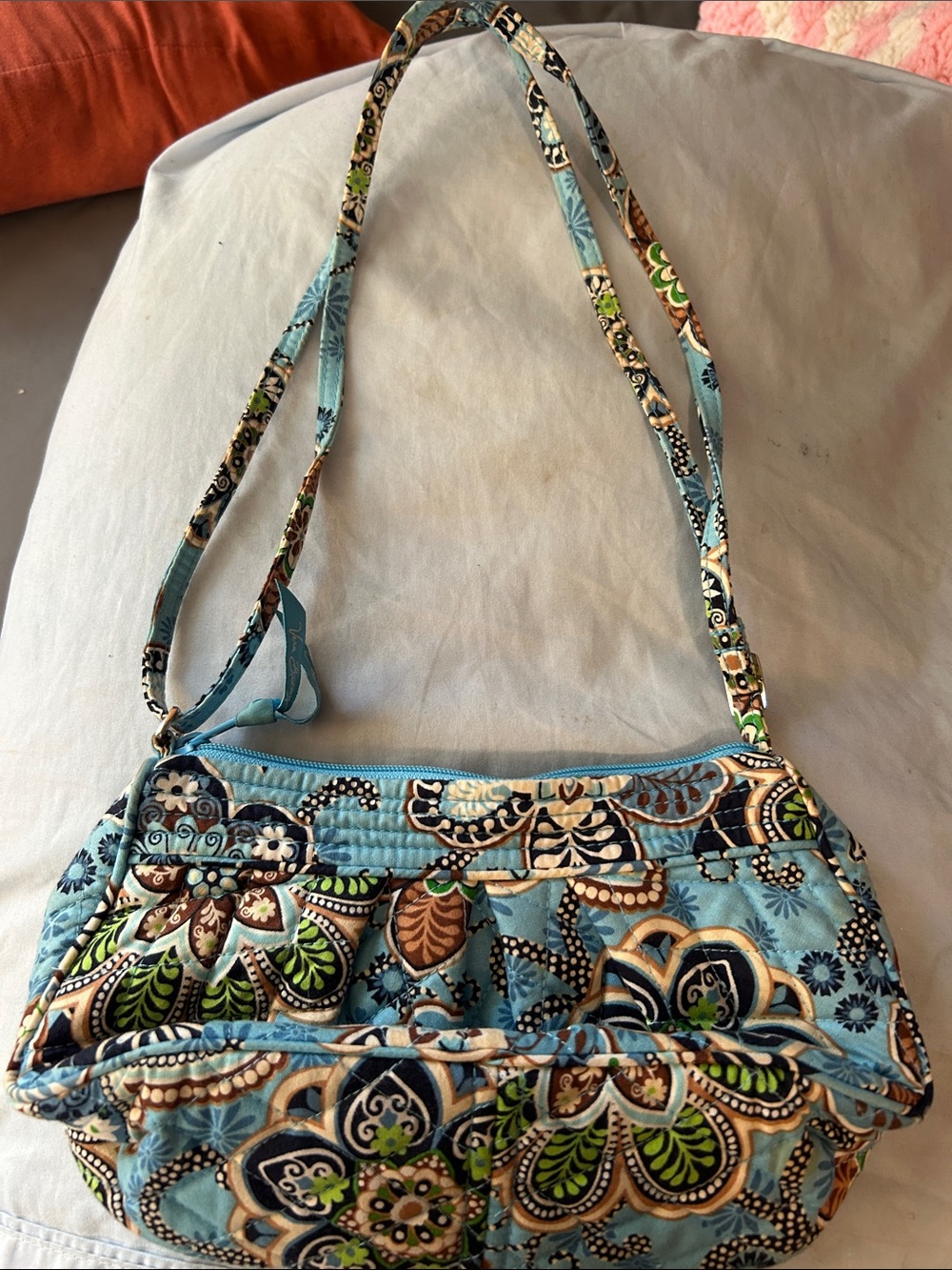 Vera Bradley Light Blue Floral Quilted Shoulder Bag with Green & Brown Accents
